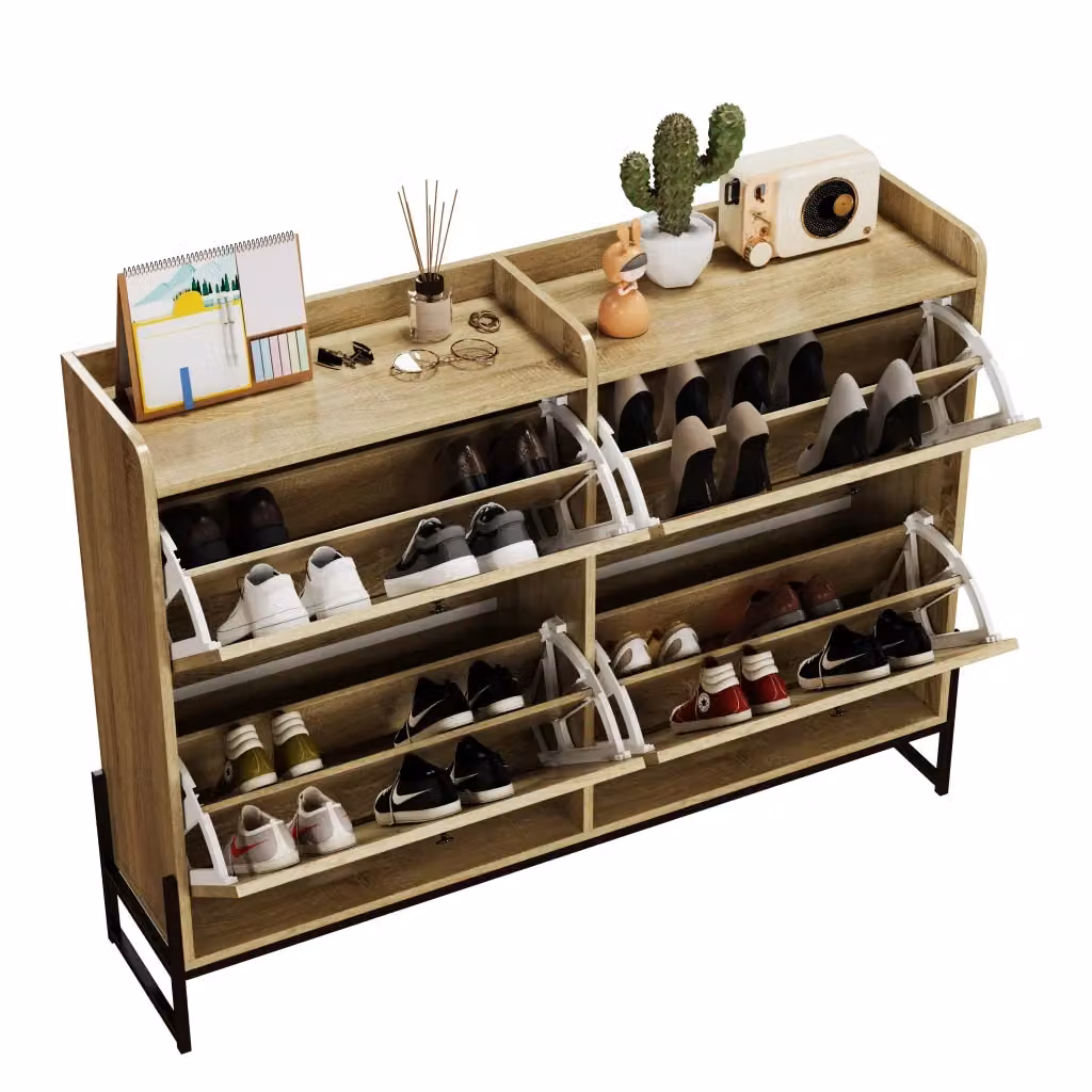 Scarpiera moderna per ingresso con ante a ribalta e ripiani interni in MDF e rattan, L/P/H: 118 x 25 x 91.5 cm – 2