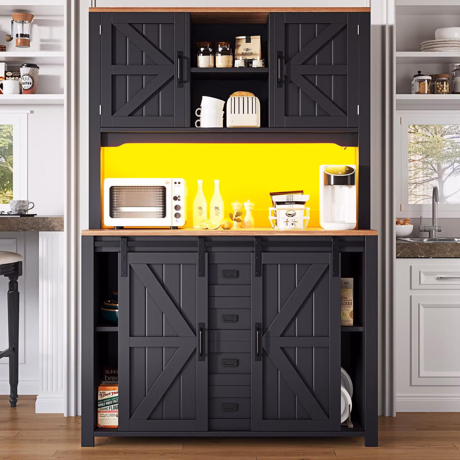 Armadi da cucina Sweiko (115 × 40 × 174,7 cm), credenze alte per cucina, credenze, armadi da cucina con ante scorrevoli e illuminazione LED, bianco/nero