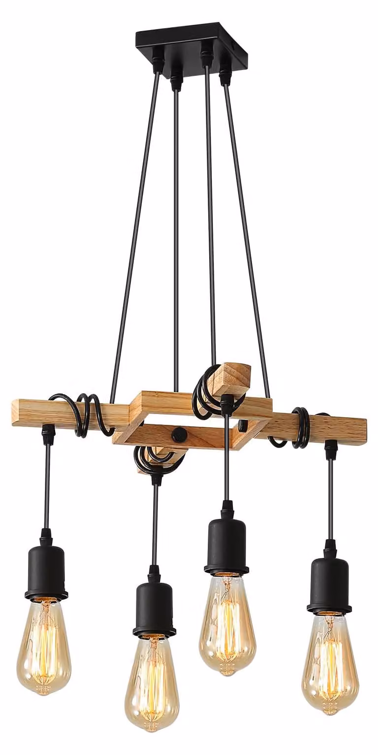 Lampada a sospensione a 4 luci, realizzata in legno e metallo, attacco E27, colore nero, regolabile