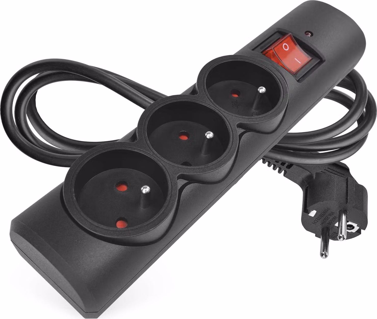 Limitatore di sovratensione EMOS con LED, a 3 vie, cavo 1,5 m, prese ruotate di 45°, interruttore, 2300W/10A, per uso interno, nero, P54014