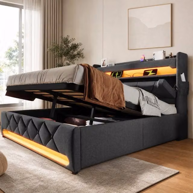 Letto Contenitore REDOM in Tessuto Grigio con Illuminazione LED, Porte USB e Base a Sollevamento, L/P: 180 x 200 cm, H: 111 cm – 1