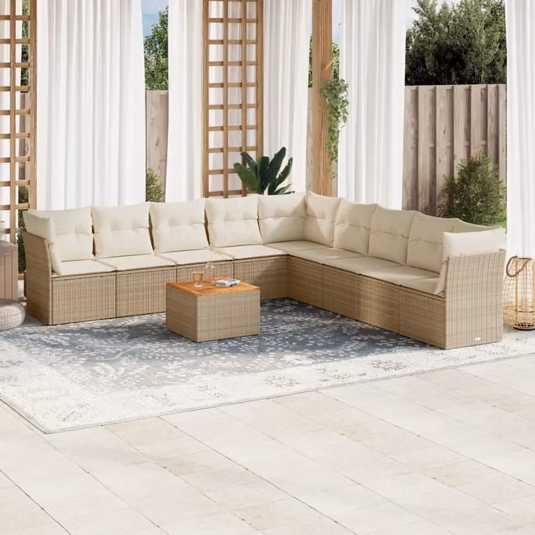 Set Divano da Giardino vidaXL 10 pz in Polyrattan con Cuscini Beige e Tavolino da Caffè