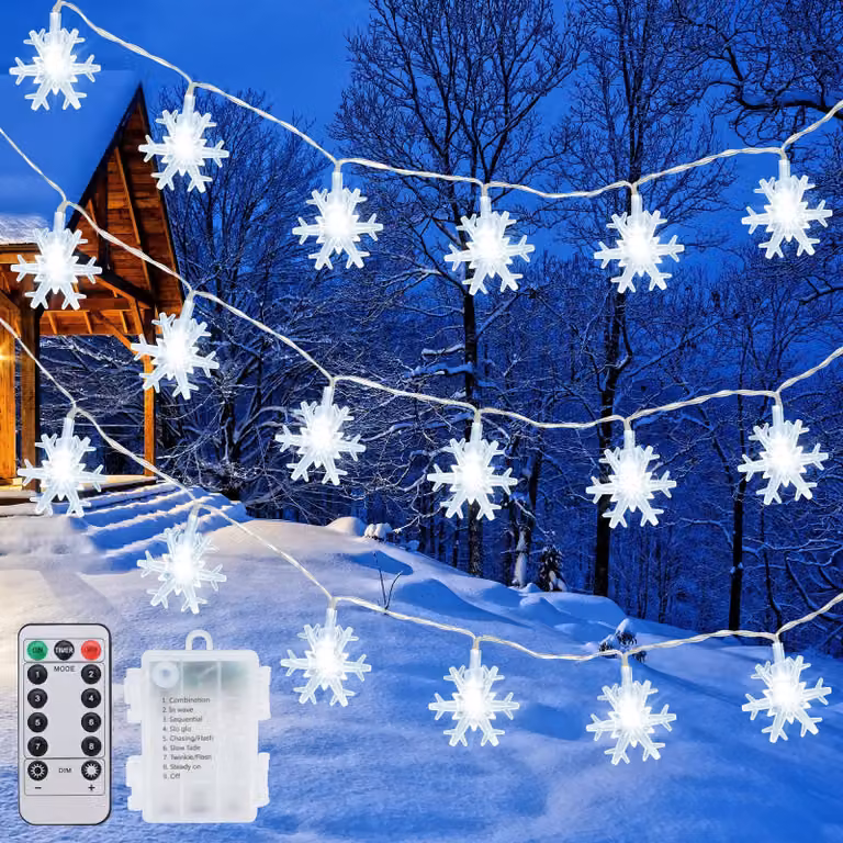 Catena luminosa a LED con 40 fiocchi di neve, lunghezza 6 metri, luce bianca fredda, alimentazione a batteria, grado di protezione IP44