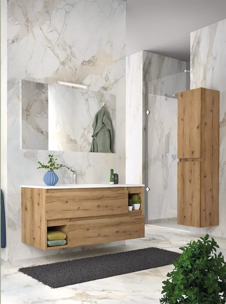 Mobile da bagno sospeso moderno GIORDANOSHOP con lavabo e specchio con illuminazione LED in legno rovere marrone L: 100 cm – 2