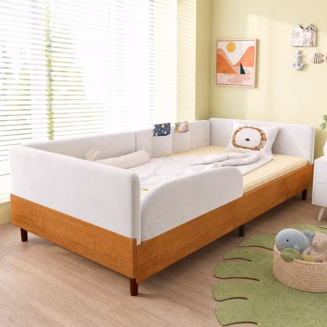 Letto singolo imbottito ULEVR 90x200 cm con 2 tasche portaoggetti, velluto bianco e legno naturale
