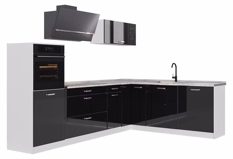 Cucina angolare completa Vicco R-Line Nero lucido/Bianco 287 x cm piano di lavoro Marmo, Model 66771