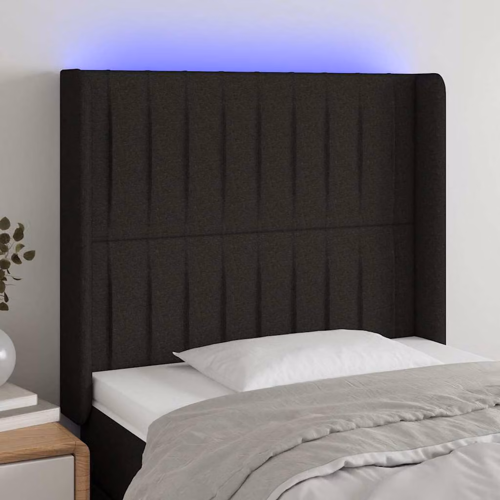 Testiera per letto vidaXL in tessuto nero con illuminazione LED integrata e porte di ricarica USB, L: 83 cm, P: 16 cm, H: 118-128 cm