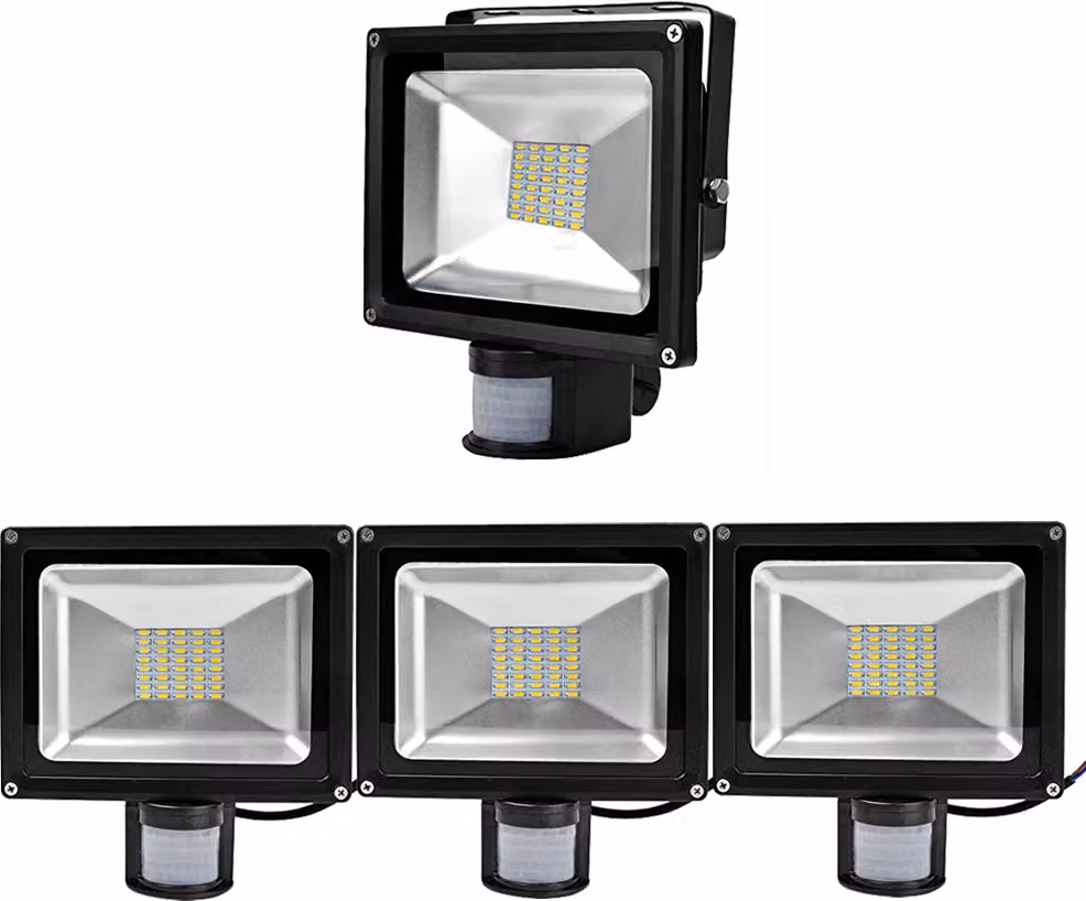 Greenmigo 4 pezzi, faretti LED SMD da 30 W, proiettori da esterno con sensore di movimento PIR, impermeabili IP65, corpo in alluminio, nero, luce bianca calda, CA 85 ~ 265 V