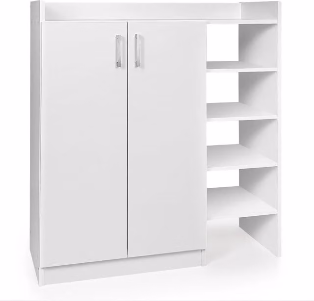 Scarpiera Design Mania con 2 ante e ripiani interni, mobiletto moderno bianco per ingresso, corridoio o soggiorno, L: 82.55 cm, P: 31.75 cm, H: 90.17 cm