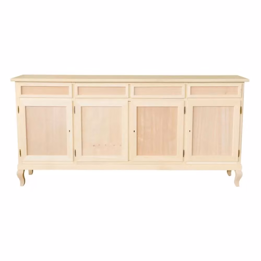 Credenza Mobili 2G in legno di pino grezzo con 4 porte e 4 cassetti, L: 205 cm, P: 45 cm, H: 98 cm