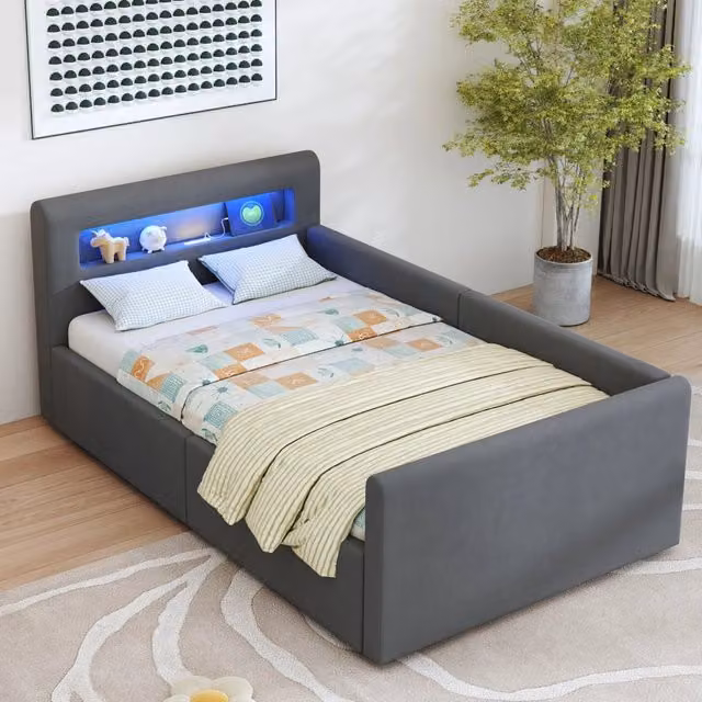 Letto singolo Mivray con contenitore e schienale imbottito in velluto grigio, dotato di luce LED e porta USB, L/P: 90 x 200 cm