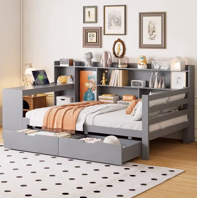 Divano letto multifunzionale 90 x 200 cm in legno grigio con scrivania; mensole e presa USB