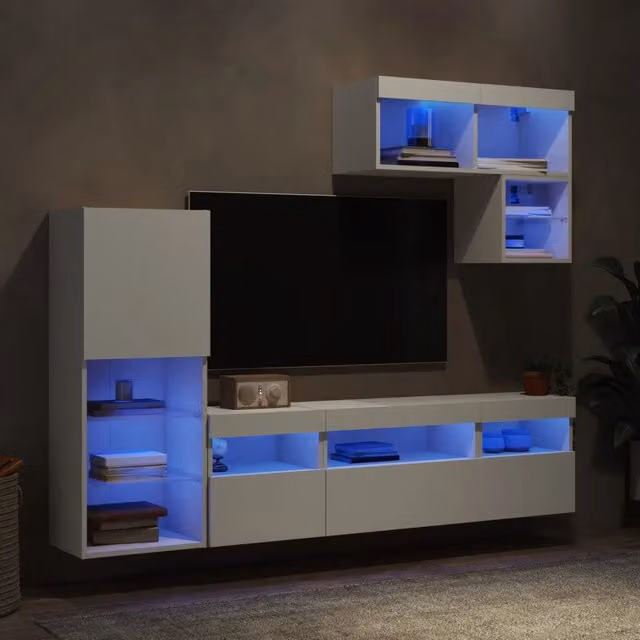 Mobili TV a Muro con LED 6pz-Set di 6 Credenza per TV sospesa Bianchi in Legno Multistrato