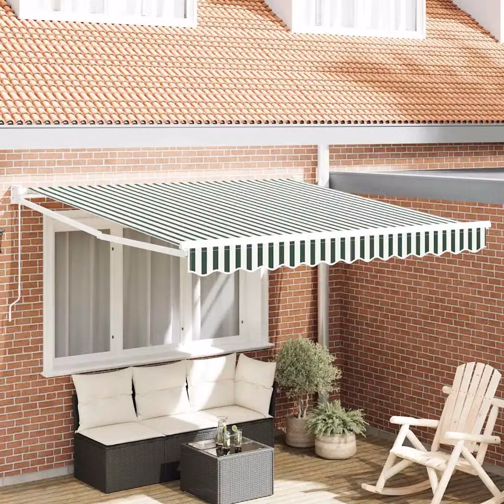 Tenda retrattile vidaXL con bracci pieghevoli in alluminio e tessuto in poliestere, Verde e Bianco, L: 300 cm, P: 250 cm, H: 165 cm