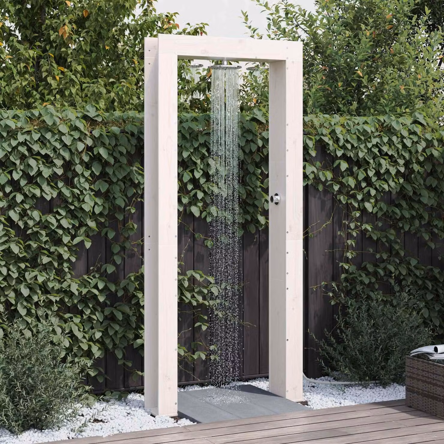 Maison Exclusive - Doccia da giardino, 226 cm, legno massello di pino e acciaio inossidabile, colore bianco