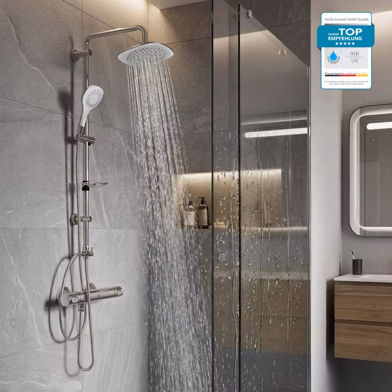 GROHE Miscelatore doccia Precision Flow, sistema doccia con soffione a pioggia BELVIT, asta doccia, doccetta e portasapone, 3 tipi di getto con blocco di sicurezza