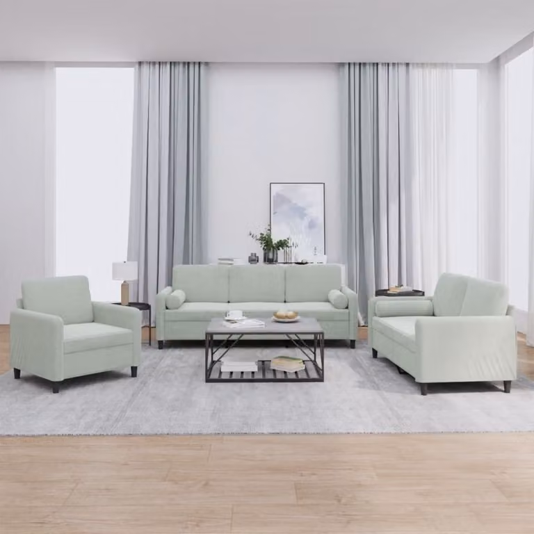 Set di divani vidaXL da 3 pezzi in velluto grigio con cuscini, design moderno per soggiorno
