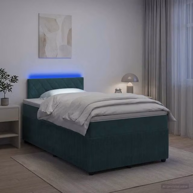 Letto box spring ibrido vidaXL con materasso a molle insacchettate e illuminazione sottostante, rivestimento in velluto, L/P/H: 120 x 200 x 76,5 cm, Verde – 1