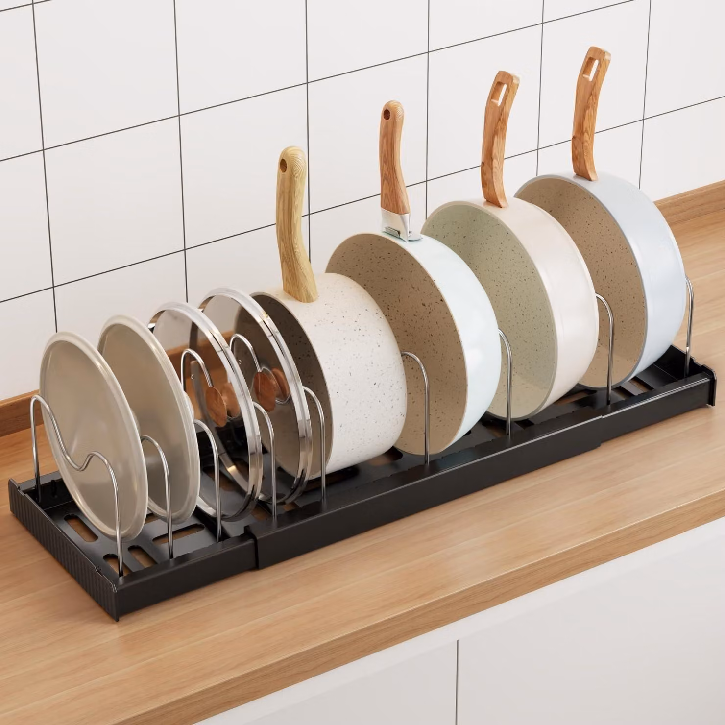 Porta pentole estensibile, con 9 scomparti regolabili, colore nero, per la cucina