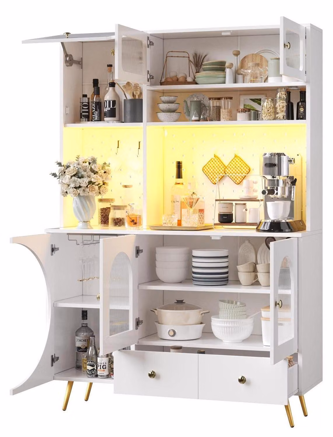 Mobile da cucina con illuminazione a LED, prese USB e prese di corrente, dimensioni 120x40x176 cm, colore bianco