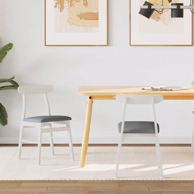 Set di 2 sedie da pranzo vidaXL in legno di gomma con seduta in tessuto bianco e grigio