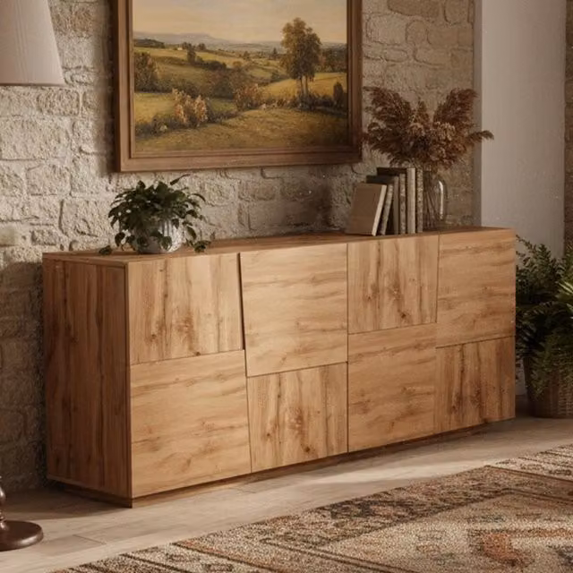 Credenza Arda, Buffet da soggiorno, Madia da salotto moderna con 4 ante, 200x44h86 cm, Rovere