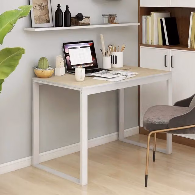 Scrivania Computer vidaXL in Legno e Metallo, Colore Bianco e Rovere, L 110 x P 60 x H 73 cm – 1