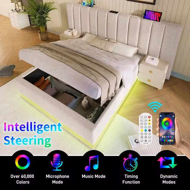 Letto matrimoniale con cassetti - Xylo - 160x200 cm - Lino Beige - Controllo App LED, USB-C