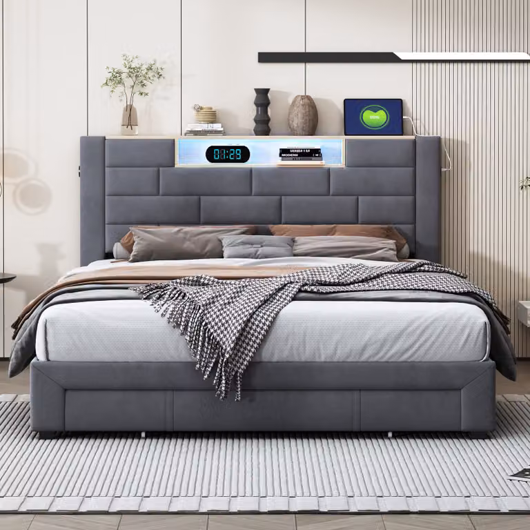 Letto imbottito con contenitore 140x200 cm, striscia luminosa a LED e connessione per la ricarica, 3 cassetti, velluto, grigio, design moderno, ideale per camere da letto, funzionale ed elegante
