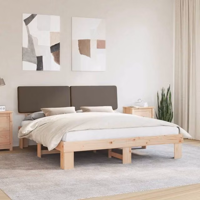 Letto moderno vidaXL in pino massello con testiera rivestita in tessuto beige L/P: 180 x 200 cm