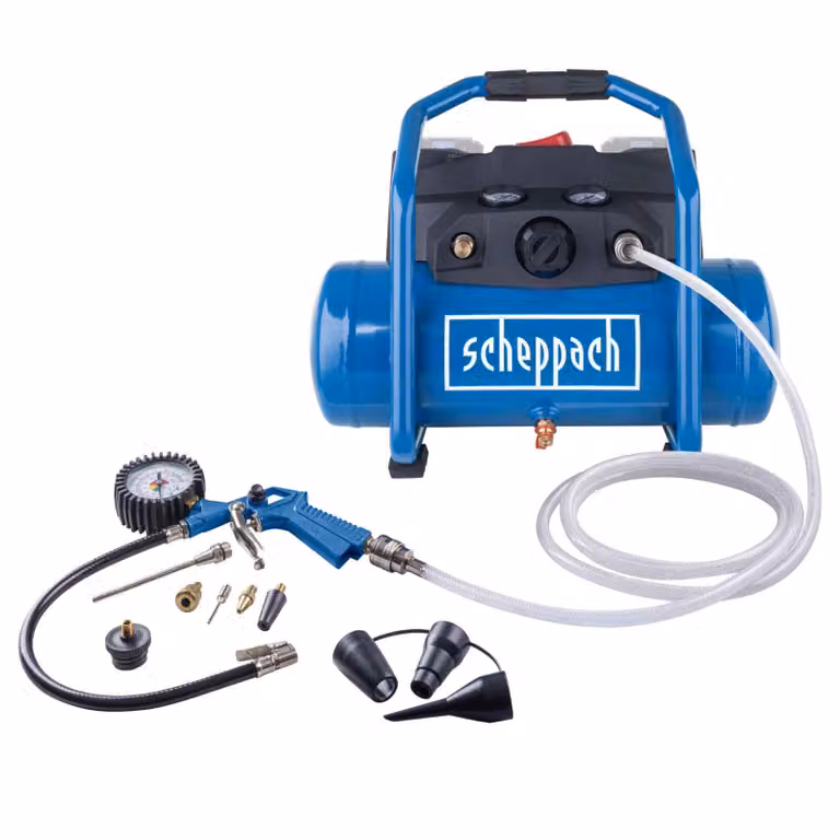 Compressore a batteria Scheppach C-ACT160/6-X - 20 V | 8 bar | Serbatoio da 6 l | Portata di aspirazione 130 l/min | Riduttore di pressione | Set di accessori da 11 pezzi incluso