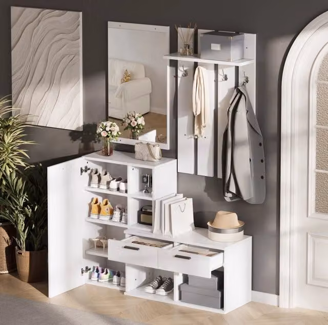 Garderoba da ingresso con specchio; 2 cassetti; 4 ganci e scarpiera 120x35x175;5 cm; bianco