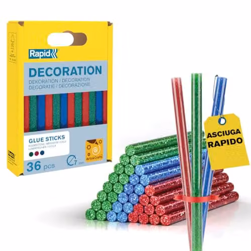 Rapid Colla a Caldo Glitter 36 Stick 7 mm - Rosso, Blu, Verde