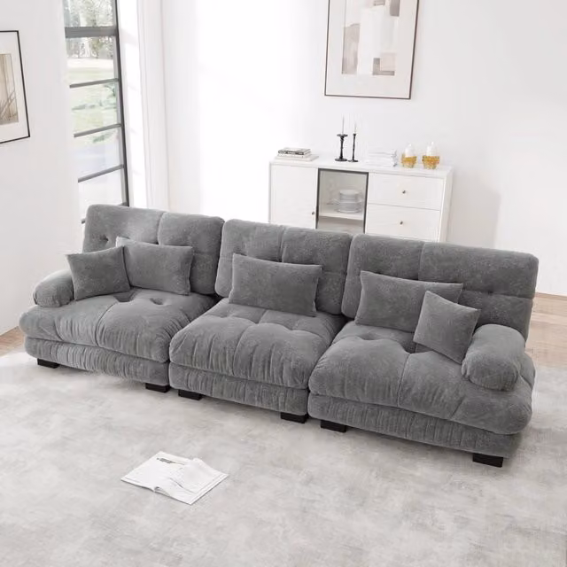 Divano modulare con seduta profonda in chenille grigio