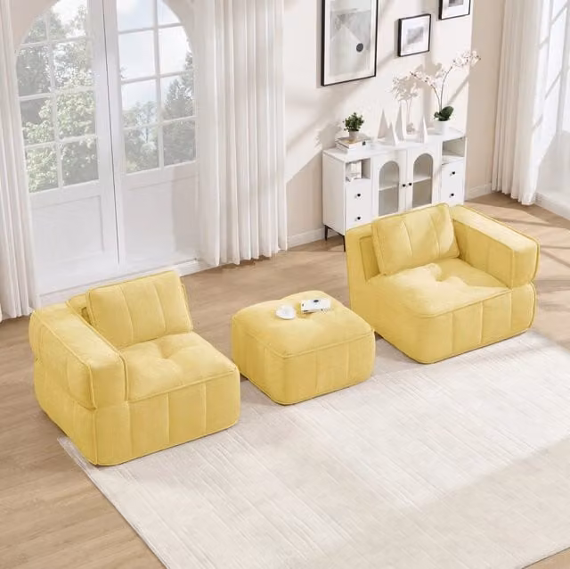 Divano modulare senza struttura con pouf; schiuma 32D e rivestimento in poliestere giallo
