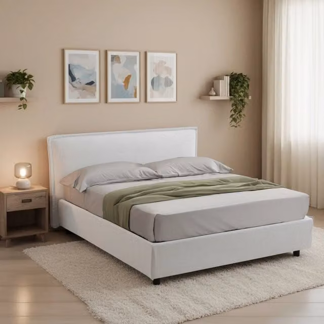 Letto matrimoniale moderno DMORA con contenitore a sollevamento, rivestimento in tessuto bianco o nero, L/P/H: 120 x 200 cm – 1