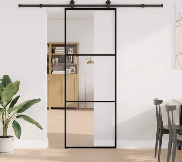Porta Scorrevole Moderna vidaXL in Vetro Trasparente e Alluminio Nero L: 76 cm, H: 205 cm