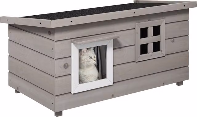 PawHut Casetta per Gatti Cuccia per Gatti con Tetto in Asfalto Gatto Casina per Gatti con Finestra per Gatti Cani Outdoor Resistente all'Inverno Legno di abete Grigio Nero 87 x 52 x 44 cm