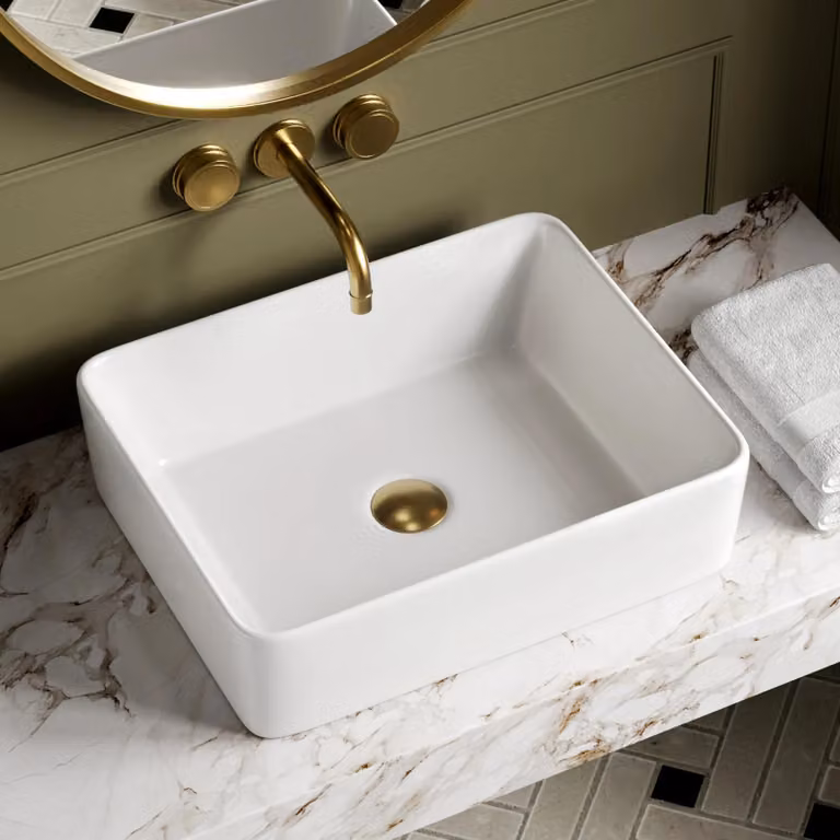 Lavabo – Lavabo da appoggio modello DV-1V031 – Vetroceramica – Rettangolare – Capacità: 9 litri – Senza foro per rubinetteria – Superficie smaltata – Dimensioni: 47,5 x 37,5 x 13,5 cm