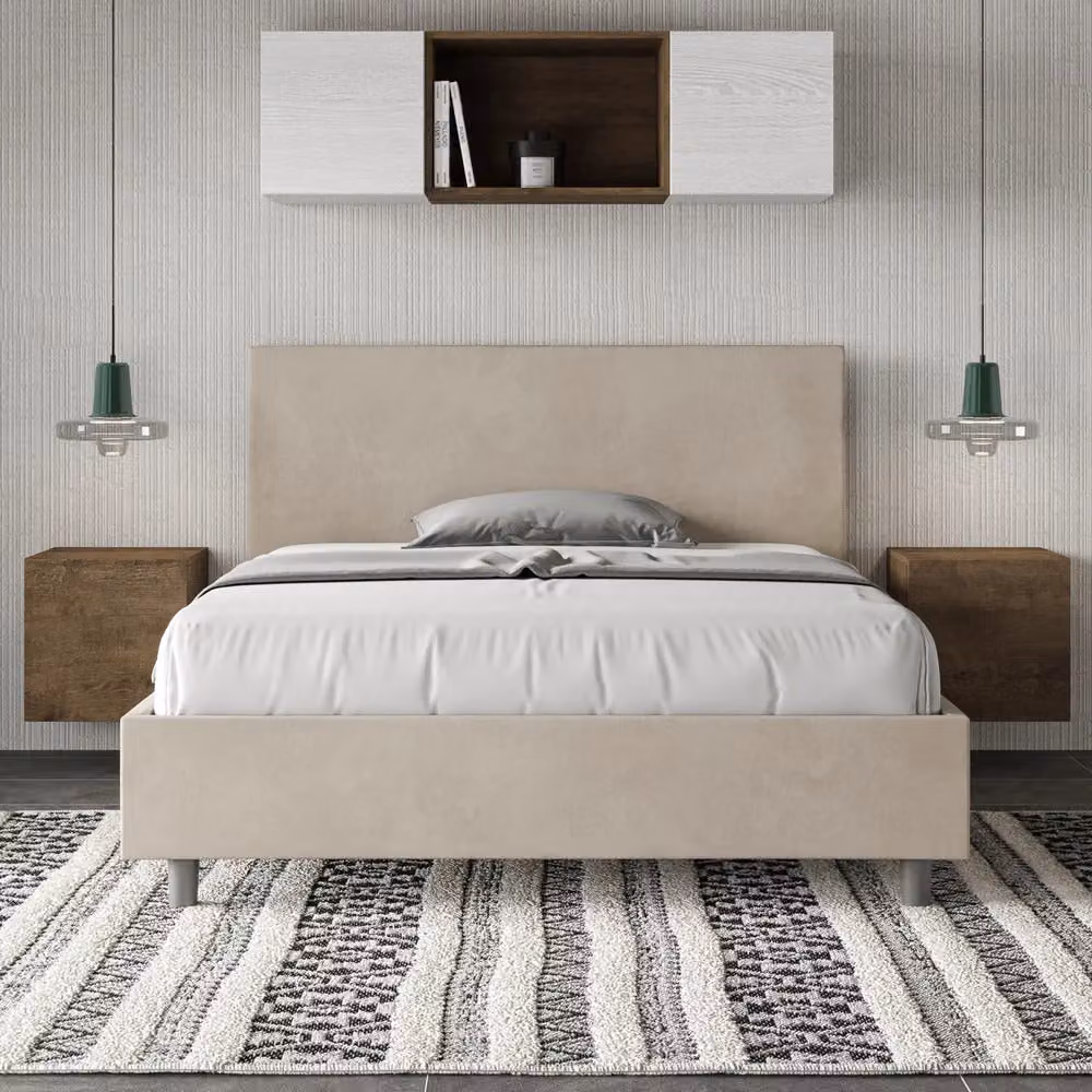 Letto Matrimoniale Francese Giordanoshop con Rete Adele in Tessuto Microfibra Beige L/P/H: 140 x 200 cm – 2