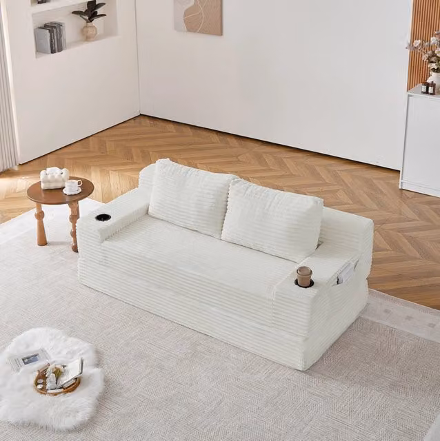 Divano Letto 2 in 1 in Velluto a Coste con Portabicchieri e Tasche Laterali Beige per Soggiorno