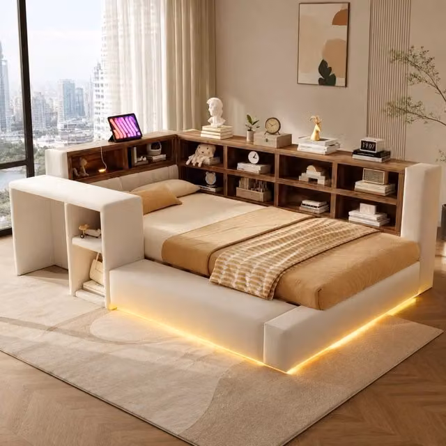 Letto singolo imbottito 90 × 200 cm con mensole, LED regolabile, prese e tavolino, senza materasso, beige