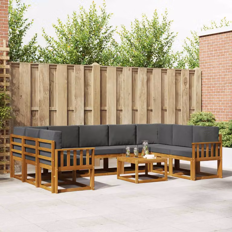 Set di divani da esterno vidaXL a forma di U in legno di acacia, 10 pezzi, colore Antracite e Marrone con cuscini inclusi