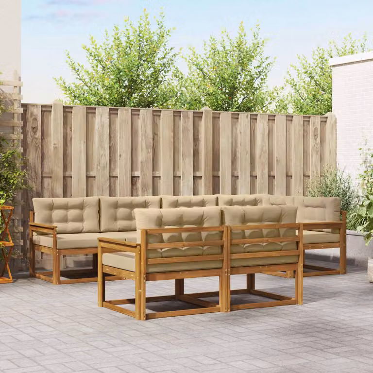 Set di divani da esterno vidaXL a forma di U in legno di acacia con cuscini, 8 pezzi, Beige e Marrone
