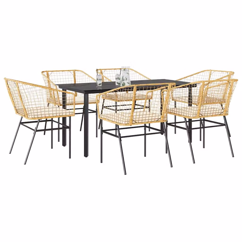 Set da pranzo da giardino vidaXL in polyrattan marrone con tavolo in vetro e 7 pezzi con cuscini