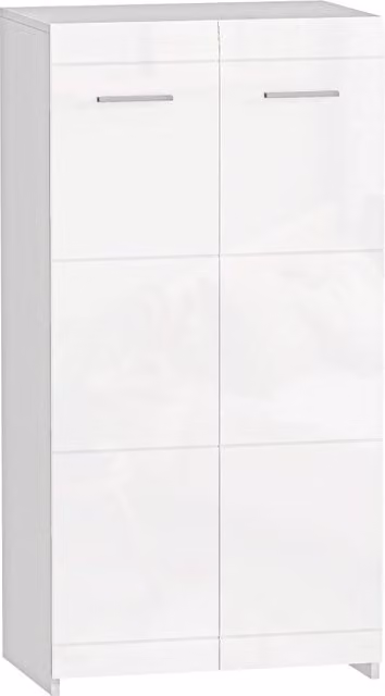 Scarpiera bianca lucida con ante a battente e ripiani interni per ingresso, camera da letto o ufficio, L: 55 cm, P: 36 cm, H: 108 cm