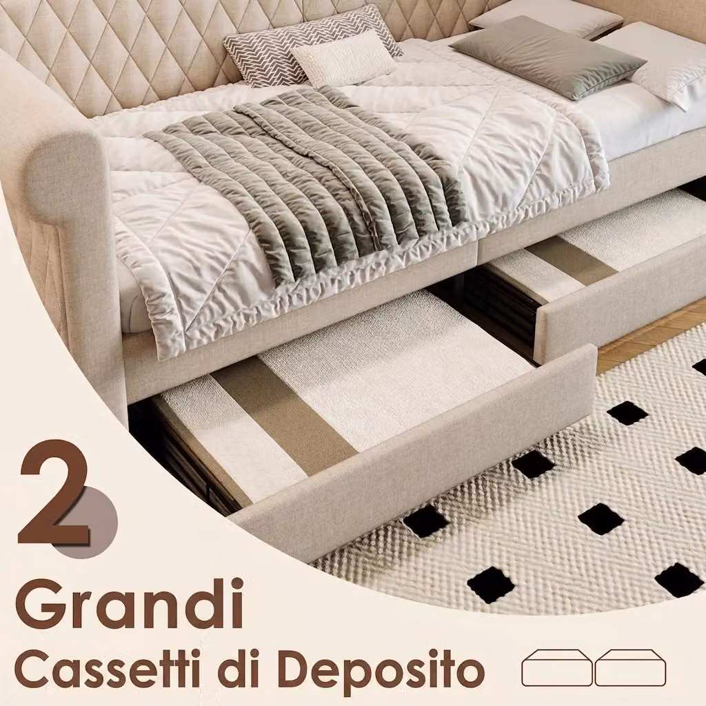 Divano Letto Moderno Vovees Living Imbottito con Cassetti in Colore Beige L/P/H: 90 x 200 cm – 2
