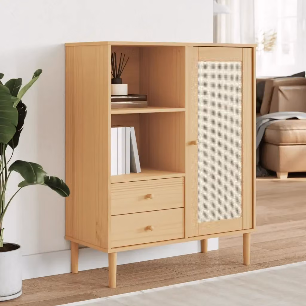 Credenza Buffet Senja in Legno di Pino Massello e Rattan Marrone L 90 cm, P 40 cm, H 112 cm – 2