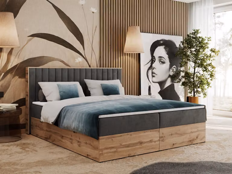 Letto boxspring, due contenitori, set completo con materasso e coprimaterasso - Albero-4 - 180x200 cm - Grigio scuro vellutato - H3
