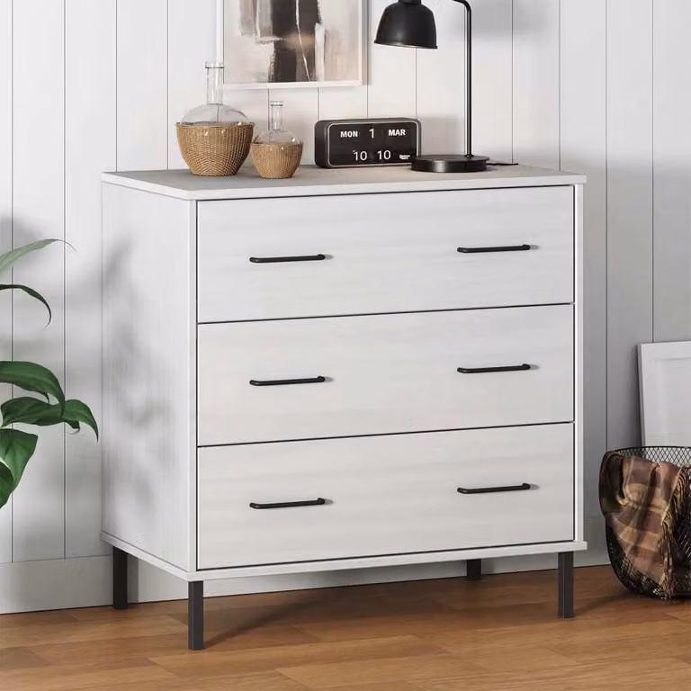 The Living Store Credenza OSLO a 3 cassetti bianca 77x40x79,5 cm in legno massiccio